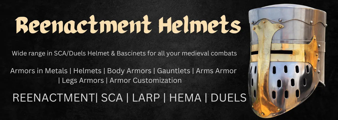 reenactment helmets, medieval armor, SCA helmets, HEMA gear, LARP armor, Viking helmets, historical reenactment, closed armet, houndskull helmet, battle-ready armor, medieval combat, handcrafted helmets,
