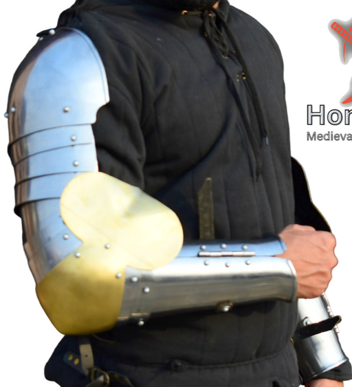 Person wearing a medieval-style arm guard with a visible brand logo.
