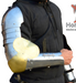 Person wearing a medieval-style arm guard with a visible brand logo.