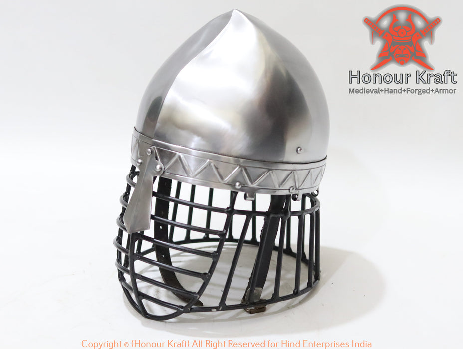 Hand-forged steel Norse Phrygian helmet with protective ocular guard