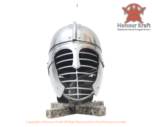 Late Roman ridge helmet with protective bar grill for medieval reenactment