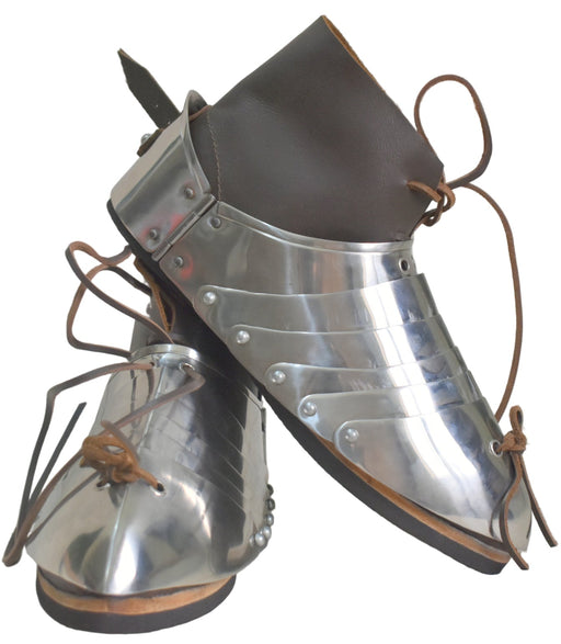Pair of metallic sabaton pair with leather boots on a white background, branded 'Honour Kraft'.