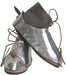 Pair of metallic sabaton pair with leather boots on a white background, branded 'Honour Kraft'.