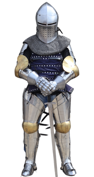 “Buhurt armor kit full-body view – stainless steel mirror finish”
buhurt protection, complete armor kit