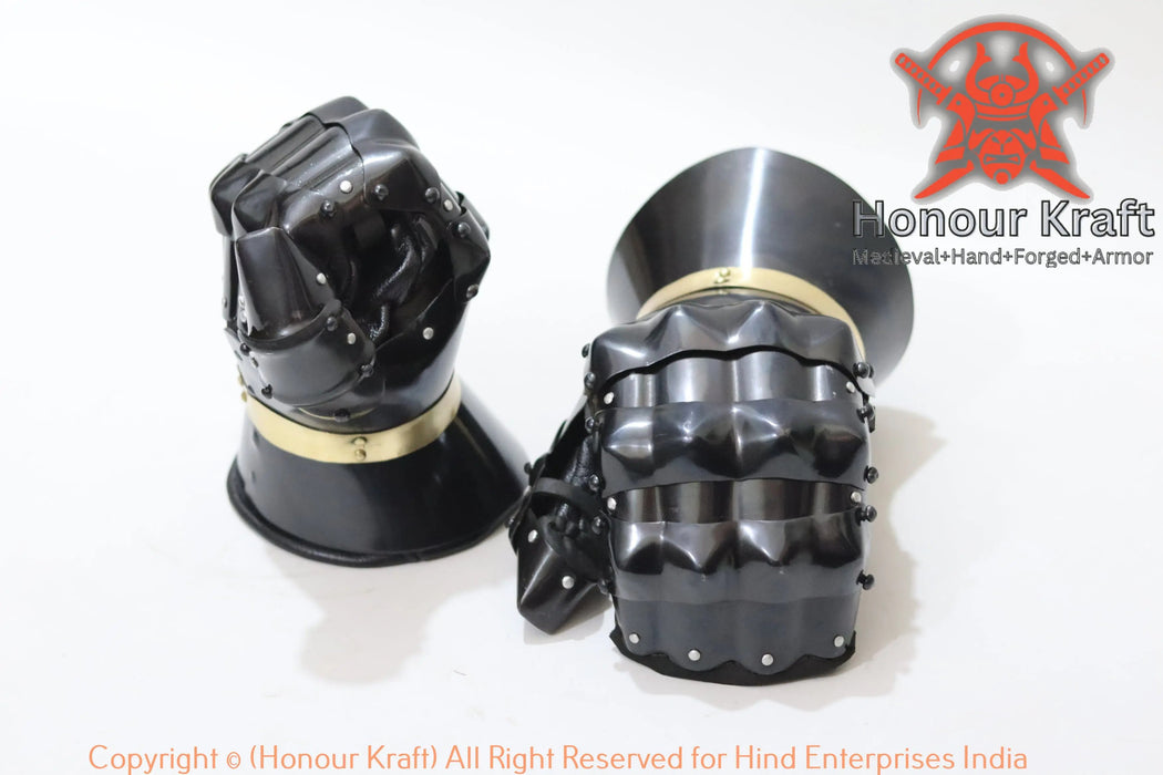 hand-forged black medieval gauntlets
blackened hand armor for HMB fighters