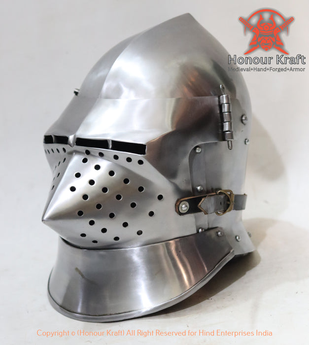 Professionally forged Houndskull Bascinet used for medieval reenactment and armored combat