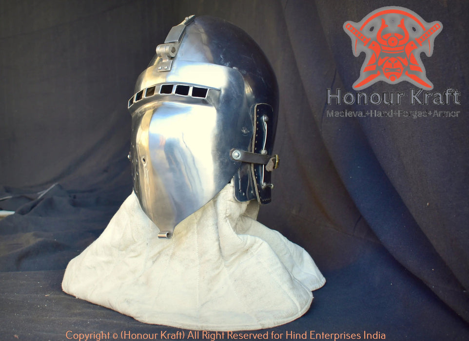 historically accurate 14th century klappvisor helmet for reenactment

medieval german armor helmet with klappvisor for heavy list combat