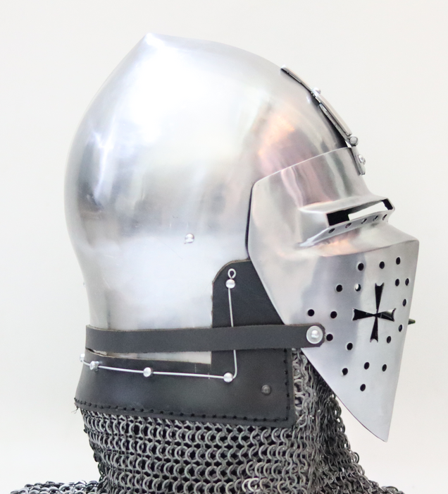 IMCF legal German bascinet helmet for medieval tournaments

Battle ready Klappvisor combat helmet handcrafted in steel