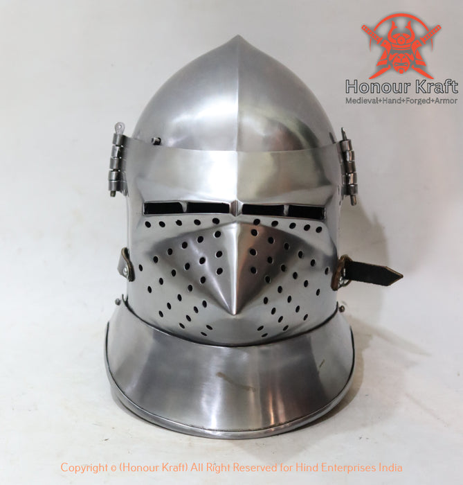 Combat-ready Houndskull bascinet helmet with perforated face ventilation