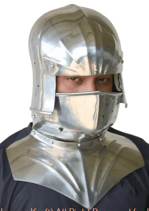 A person wearing a Gothic style silver sallet helmet with a bevor, featuring a chainmail-like pattern and a visor, with the brand 'Honour Kraft' and 'Medieval Hand-Forged Armour' visible.