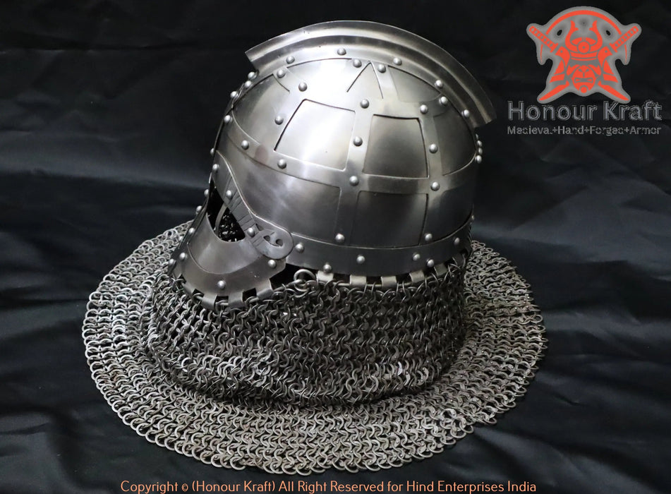 Padded liner and internal strapping view of a custom fit Buhurt combat helmet.