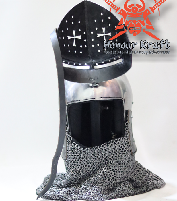 Hand forged German bascinet helmet for heavy armored combat

Premium Klappvisor helmet with custom measurement fitting