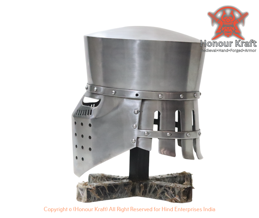 Templar armored combat helmet with adjustable leather liner.