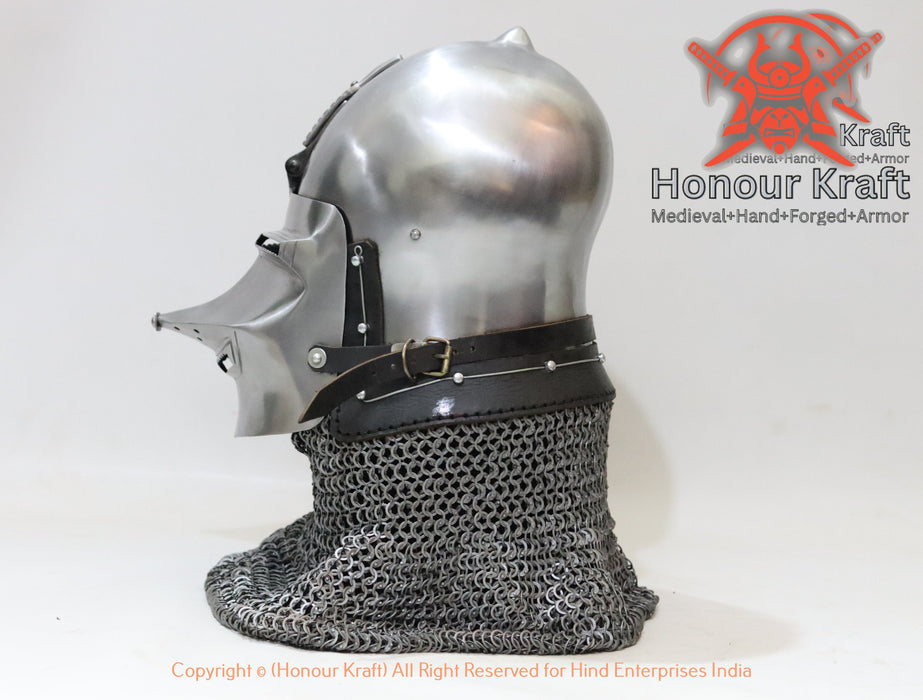 Medieval protective headgear, historical armor reproduction, handcrafted steel helmet, medieval battle