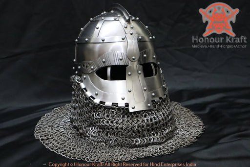 Profile of Iranian style helmet for SCA showing conical design and chainmail aventail.