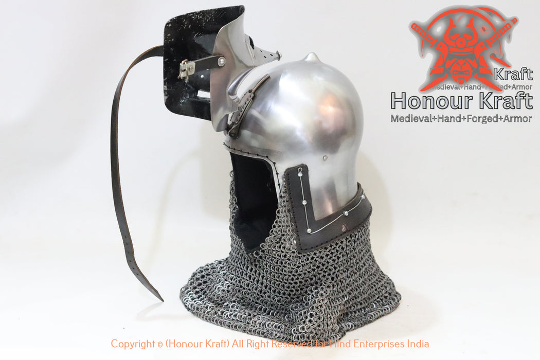 Onion Top Bascinet Helmet Armor with visor design for historical reenactment and medieval events.