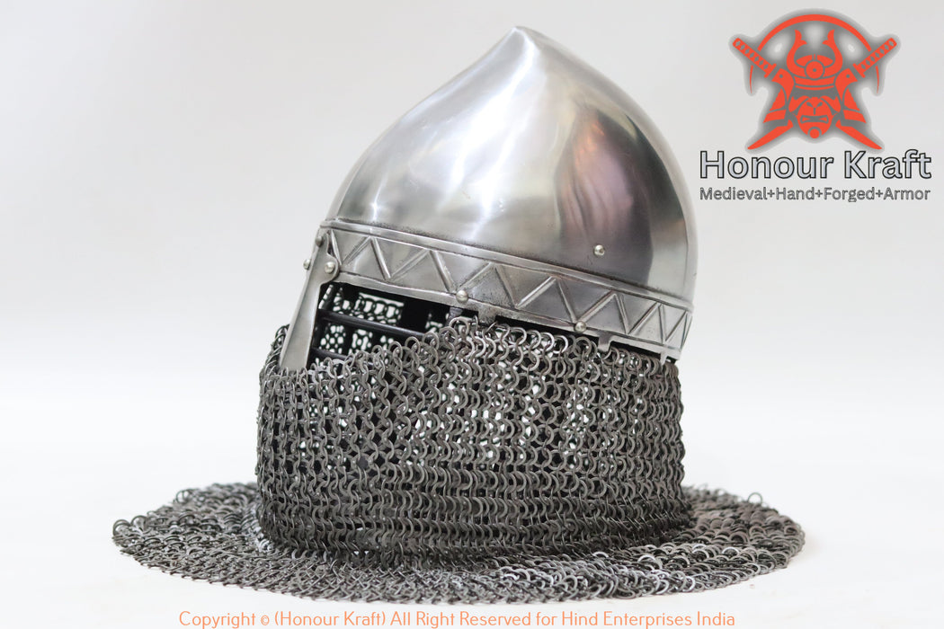 Heavy duty steel spangenhelm with Phrygian cap design for SCA