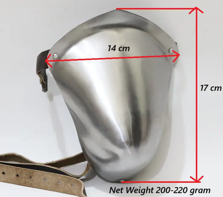 Metal shield with measurements and weight information on a white background “Steel groin guard armour for men – tempered spring steel medium buff finish”
“Stainless steel groin guard mirror finish large size for Buhurt combat”
“Blackened steel groin protection armour XL size battle gear”
“Mild steel groin guard armour with mirror polish for medieval fighting