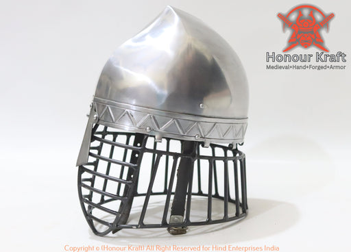 SCA legal Norse Phrygian helmet with integrated bar grill face cage