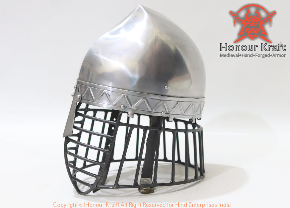 SCA legal Norse Phrygian helmet with integrated bar grill face cage