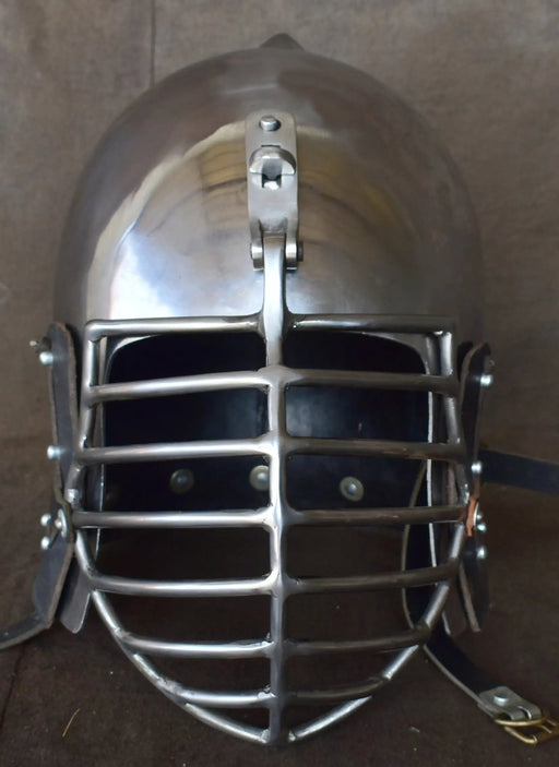Battle ready 14 gauge steel onion top helmet for SCA heavy combat.