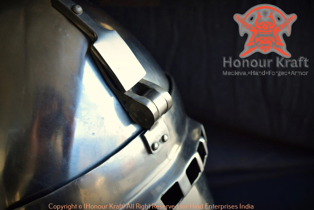 handmade steel klappvisor bascinet helmet for buhurt warriors

SCA legal german bascinet helmet with reinforced klappvisor visor