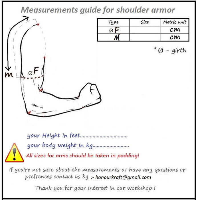Measurement guide for shoulder armor with arm illustration and size chart.