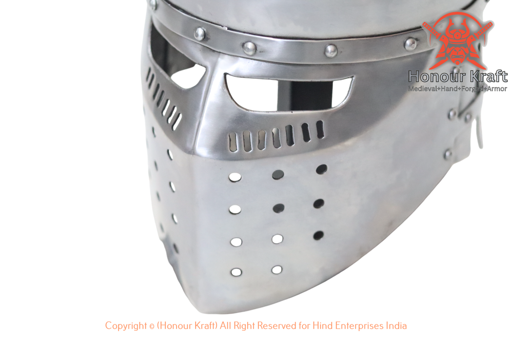 Polished stainless steel Templar helmet for historical reenactors.