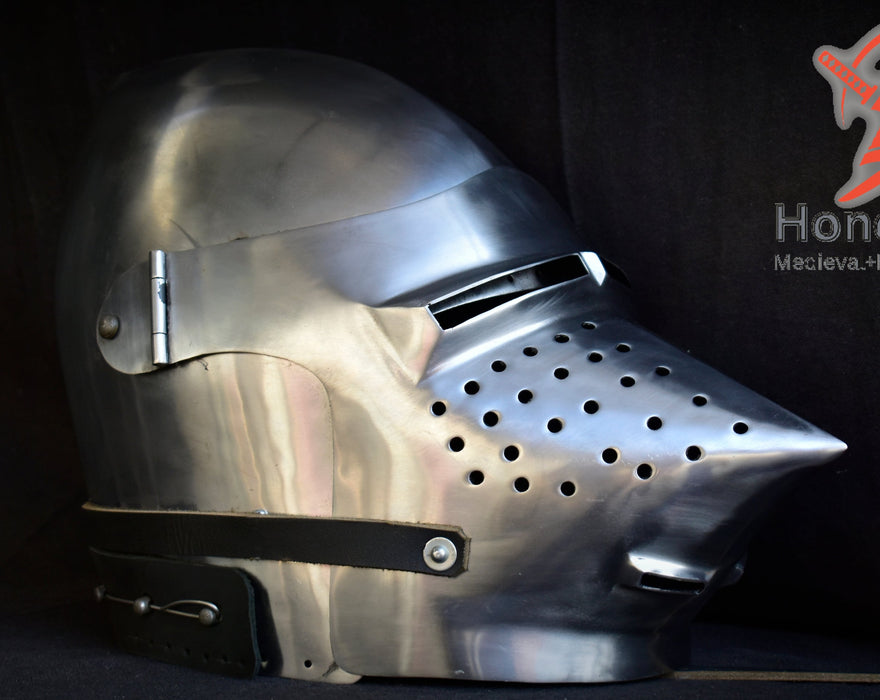 Medieval Pigface Bascinet Helmet designed for reenactment, LARP events, and historical displays.