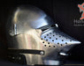 Medieval Pigface Bascinet Helmet designed for reenactment, LARP events, and historical displays.