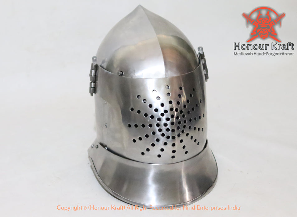 Heavy-duty great bascinet helmet for buhurt featuring padded inside liner for maximum shock absorption