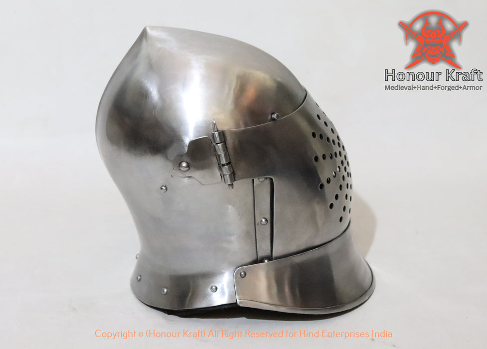 Stainless steel Great Bascinet helmet designed for professional buhurt fighters with reinforced visor