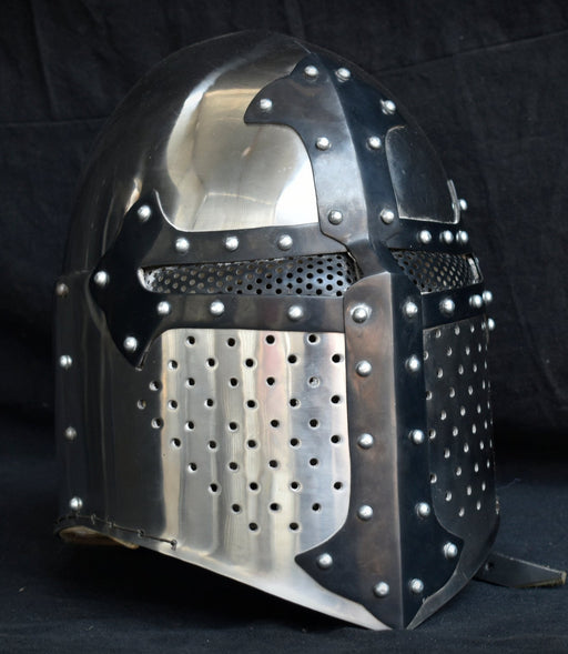 Buhurt helmet, medieval armor, historical reenactment, full-face protection, steel helmet, combat sports gear, knight's helmet,