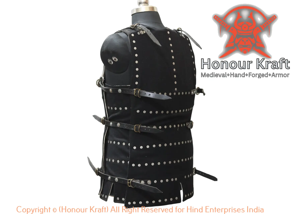 Black brigandine torso armor with steel rivets