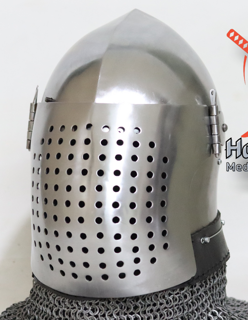 colander helmet for buhurt combat
medieval colander helm steel
perforated visor helmet for HMB