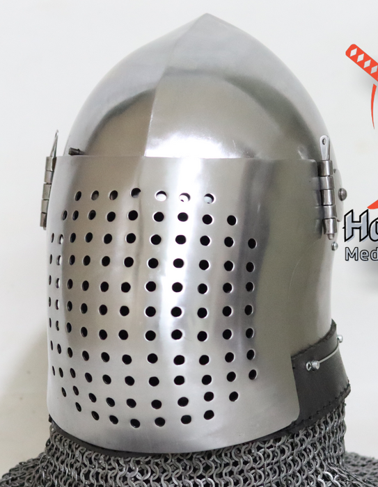 colander helmet for buhurt combat
medieval colander helm steel
perforated visor helmet for HMB