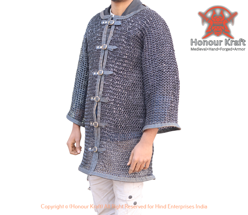 authentic medieval chainmail haubergeon with leather closures