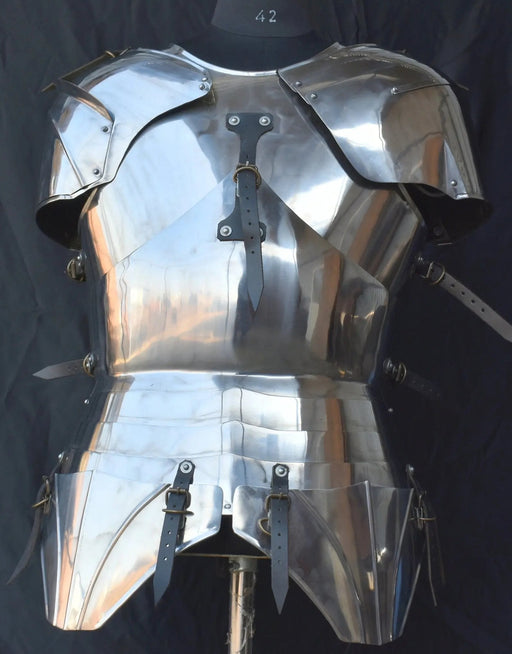 Medieval cuirass body armor with pauldrons front view