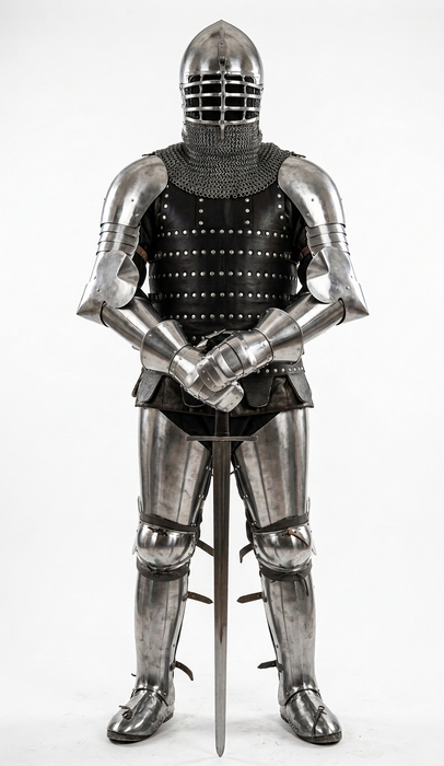 Full Buhurt armor kit showing complete medieval steel combat armor from helmet to sabatons