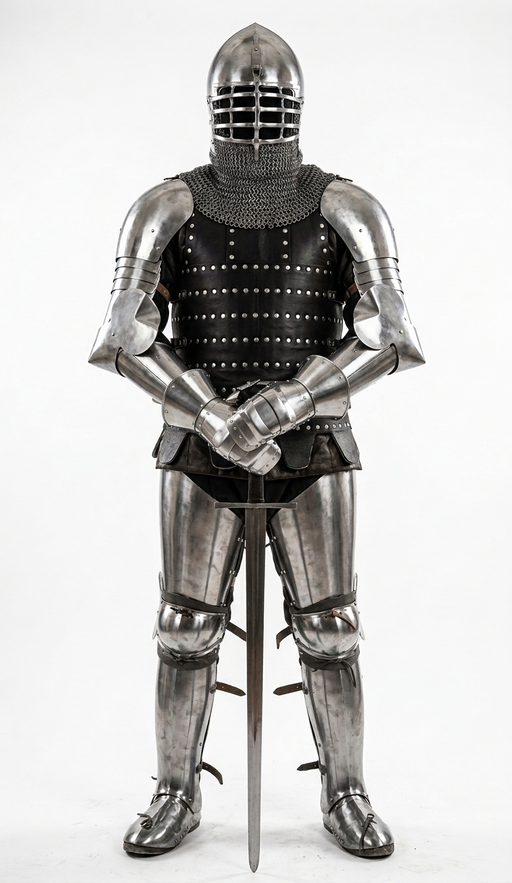 Full Buhurt armor kit showing complete medieval steel combat armor from helmet to sabatons