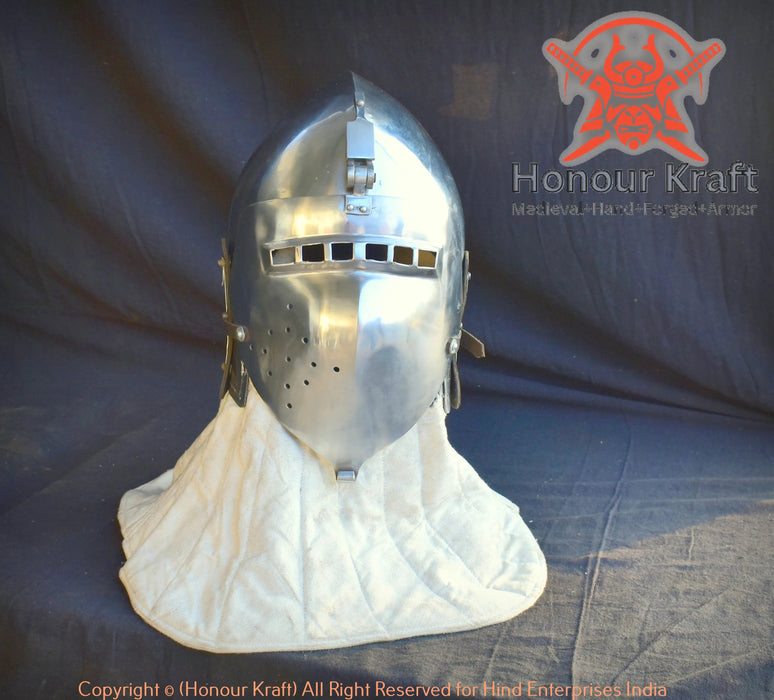 medieval steel bascinet helmet with klappvisor for SCA heavy combat

ACL legal german klappvisor helmet for full contact medieval fighting