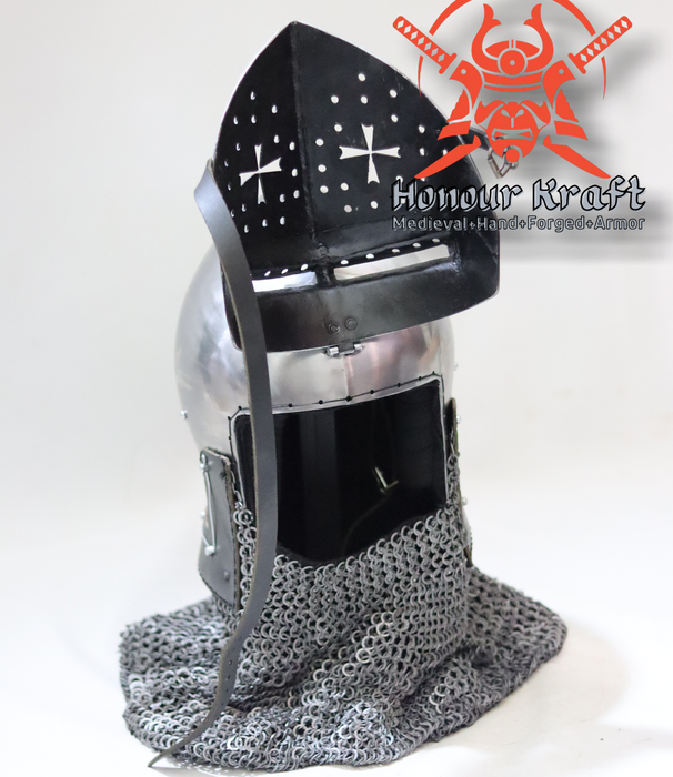 Authentic medieval Klappvisor visor bascinet for live combat

Steel Nuremberg Klappvisor helmet designed for Buhurt battles