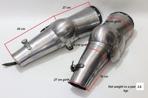 Pair of metal gauntlets with measurements on a white background
