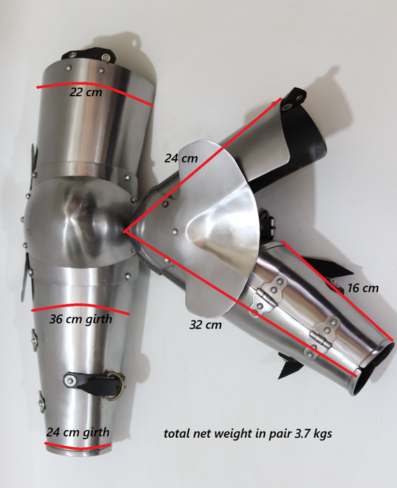 Pair of metal arm guards with measurements on a white Each alt text is written to improve visibility on Google Images and match your product’s niche (buhurt, medieval armor, SCA, reenactment).background
