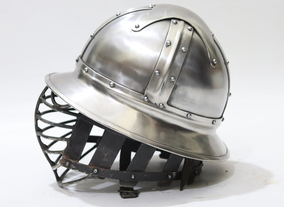 premium steel varangian helmet for ACL and SCA

protective varangian combat helmet with ventilation

viking era inspired varangian steel helmet for buhurt