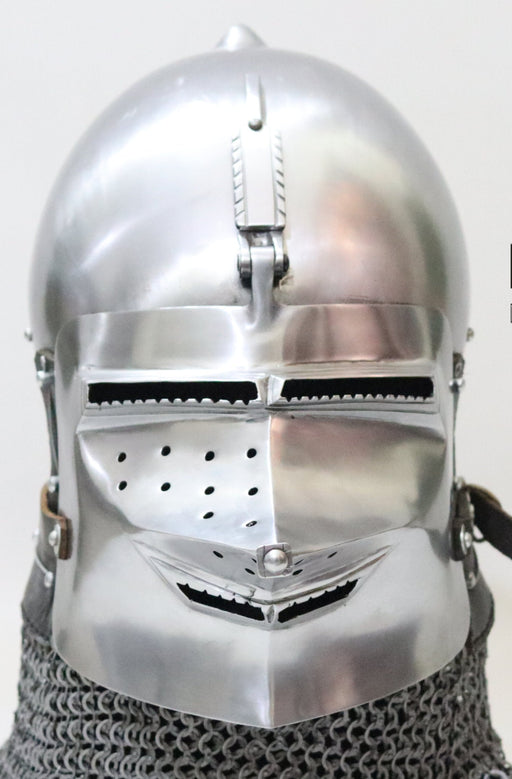 “Beak face visor steel helmet Type-2 with onion top – mild steel, 16-gauge”

“Historical reenactment helmet with removable chainmail aventail and cushioned liner”

“Medieval combat helmet beak visor stainless steel 14-gauge”

“Customizable beak face helmet armour for SCA / LARP use”