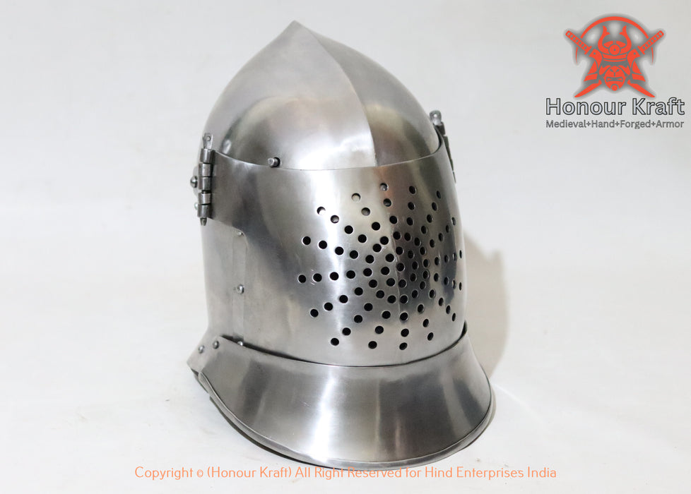 Titanium great bascinet helmet built for lightweight performance in buhurt and historical armored combat