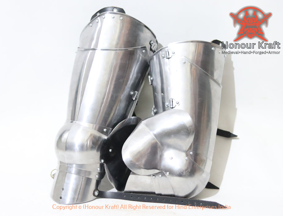 Tempered steel articulated leg armor for full-contact combat