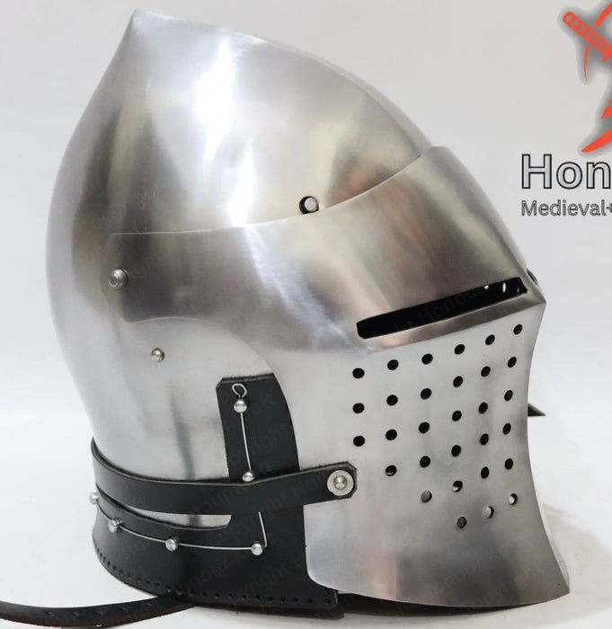 Side profile of medieval spoleto bascinet steel helmet