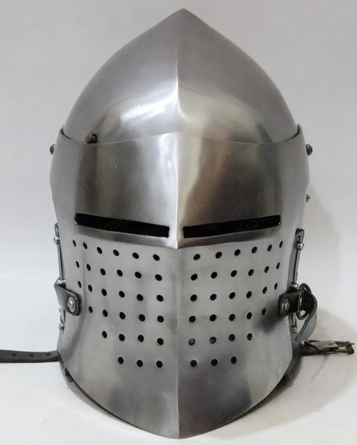 Perforated visor bascinet helmet for full contact armored combat